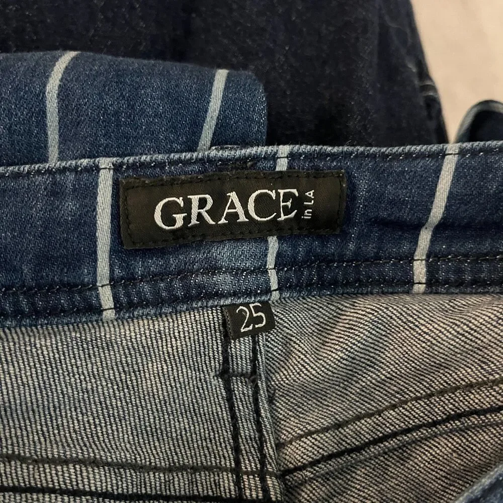 Grace in LA Women Size 25 Stripe Flare Denim Jeans Frayed Bell Bottom Western